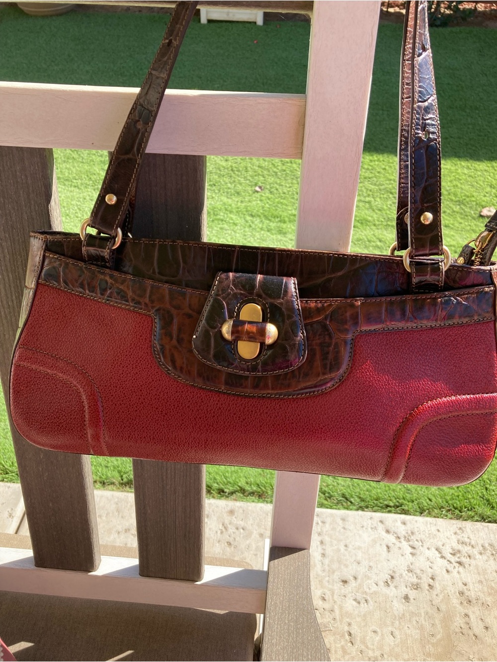 Brahmin Red Shoulder Bag w/Brown Leather Croc-Embossed Trim - Picture 4 of 13